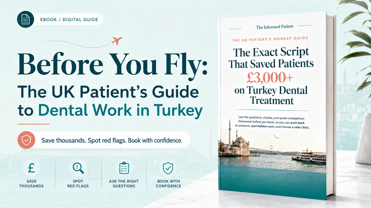 Before You Fly ebook cover: the UK patient's guide to dental work in Turkey. Save thousands, spot red flags, ask the right questions, book with confidence.